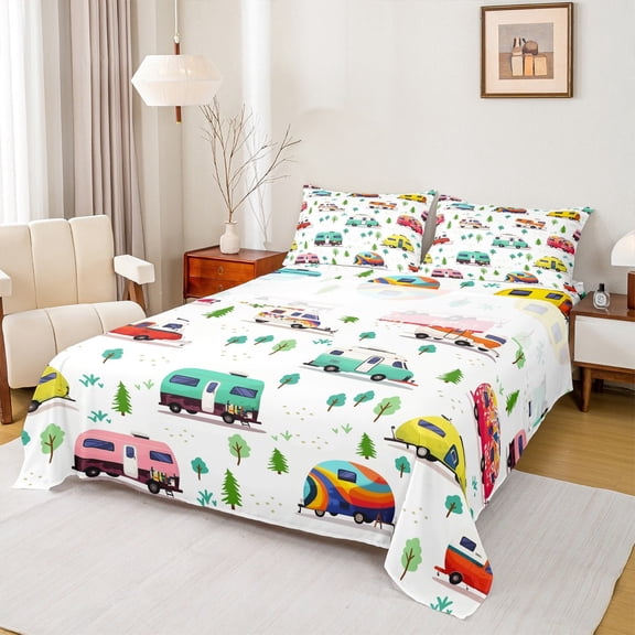 Castle Fairy RV Car 4-Piece Full Size Sheets,Happy Camping Bed Sheets,Cartoon Car Lightweight Sheet Sets,Luxury Kids Bedroom Decor