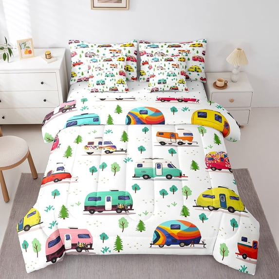 Castle Fairy RV Car 7-Piece Bedding Comforter Set,Happy Camping King Bedding Sets,Cartoon Car Ultra Soft Bed Sheets,Luxury Kids Bedroom Decor,Reversible