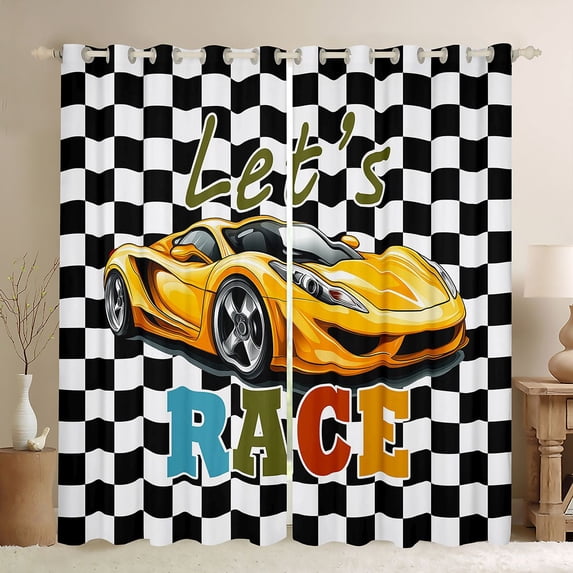 Castle Fairy Race Car Graphic Curtains Pack of 2 (42x84 Each) for Kids, Checkered Art Curtains Blackout for Bedroom, Yellow Black