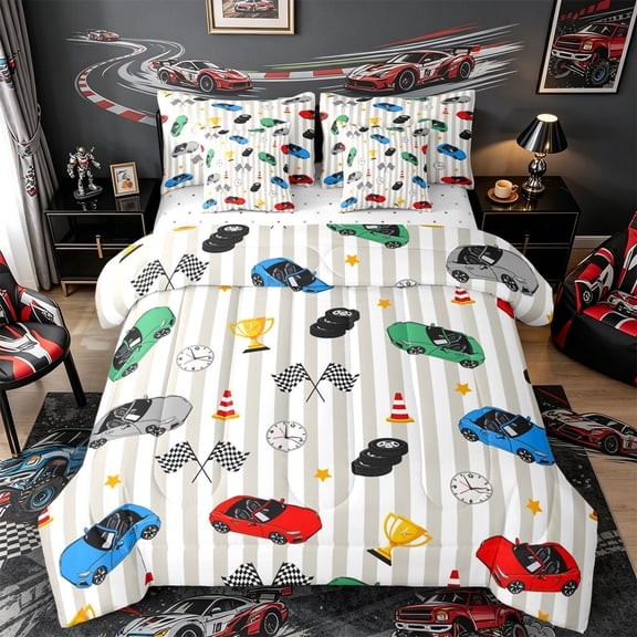 Castle Fairy Race Car Pattern Bedding Comforter Set 7pcs for Kids, Trophy Art Queen Bedding Sets for Bedroom, Red Green