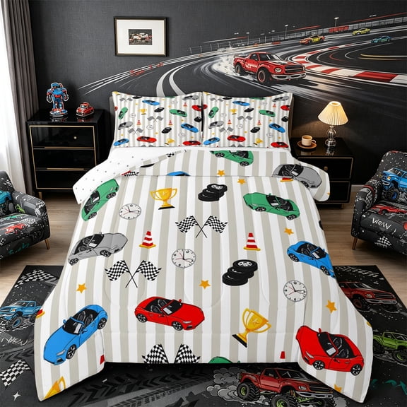 Castle Fairy Race Car Pattern Queen Comforter Set 3pcs for Kids, Trophy Art Bedding Comforter Set for Bedroom, Red Green