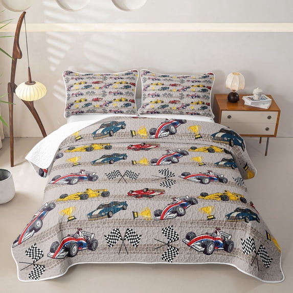 Castle Fairy Race Car Pattern Quilt Full,Trophy Art Full Bedspread Sets for Bedroom,Red Yellow
