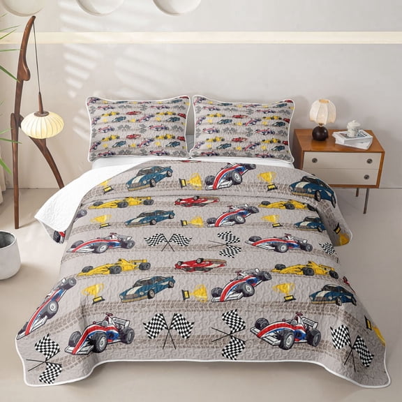 Castle Fairy Race Car Pattern Quilt Full,Trophy Art Full Bedspread Sets for Bedroom,Red Yellow