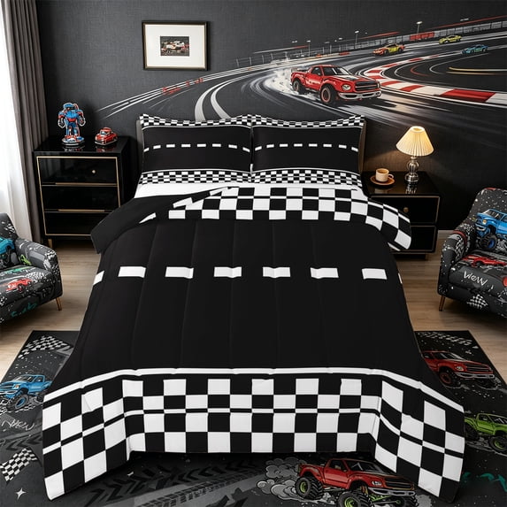 Castle Fairy Race Checkered Pattern Full Size Comforter Sets 3 Pieces for Teens, Minimalist Track Print Bedding Sets for Bedroom, Black White,Black Reversible