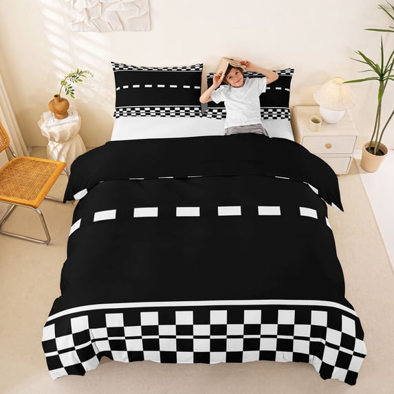 Castle Fairy Race Checkered Pattern Queen Duvet Cover Set for Teens, Minimalist Track Print Bedding for Bedroom, Black White,Black Reversible,3-Piece,No Comforter