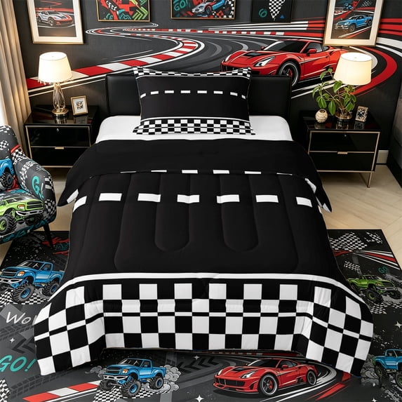 Castle Fairy Race Checkered Pattern Twin Comforter Sets 3-Piece for Teens, Minimalist Track Print Bedding Set for Bedroom, Black White,Black Reversible
