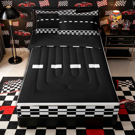 Castle Fairy Race Checkered Pattern Zipper Full Size Comforter Sets with Fitted Sheet and 2 Pillowcases,Minimalist Track Print Zipper Bedding Set,Black White,4pcs,Black Reversible