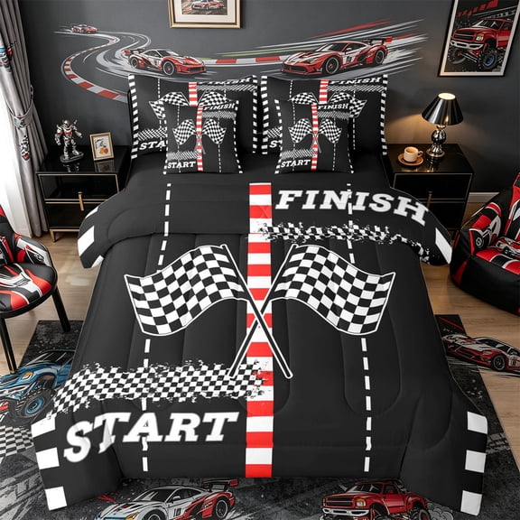 Castle Fairy Race Flag Graphic Bedding Comforter Set 7-Piece for Teens, Start and Finish Print King Bedding Sets for Bedroom, Black White,Black Reversible