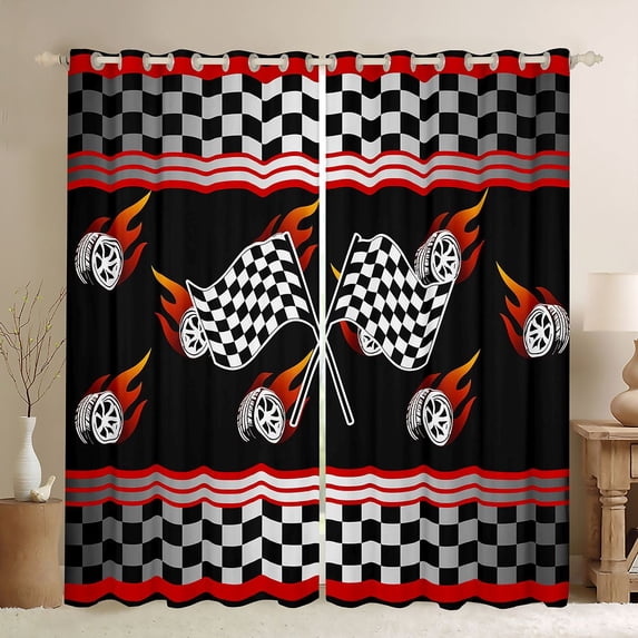 Castle Fairy Race Flag Graphic Blackout Curtains Set of 2 (52x84 Each) for Boys, Flaming Tire Art Window Curtains for Bedroom, Black Red