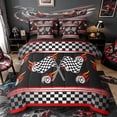 thumbnail image 1 of Castle Fairy Race Flag Graphic Twin Bedding Sets 7-Piece for Boys, Flaming Tire Art Bedding Comforter Set for Bedroom, Black Red,Black Reversible, 1 of 7