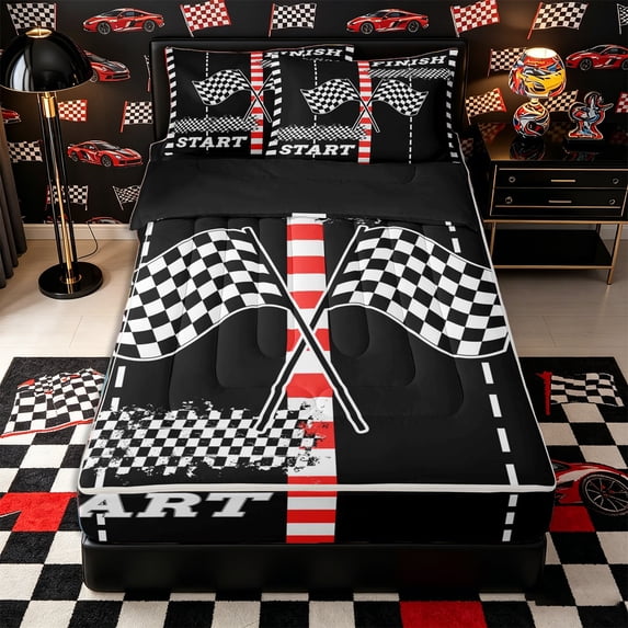 Castle Fairy Race Flag Graphic Zipper Full Size Comforter Sets with Fitted Sheet and 2 Pillowcases,Start and Finish Print Zipper Bedding Set for Bedroom,Black White,4pcs,Black Reversible