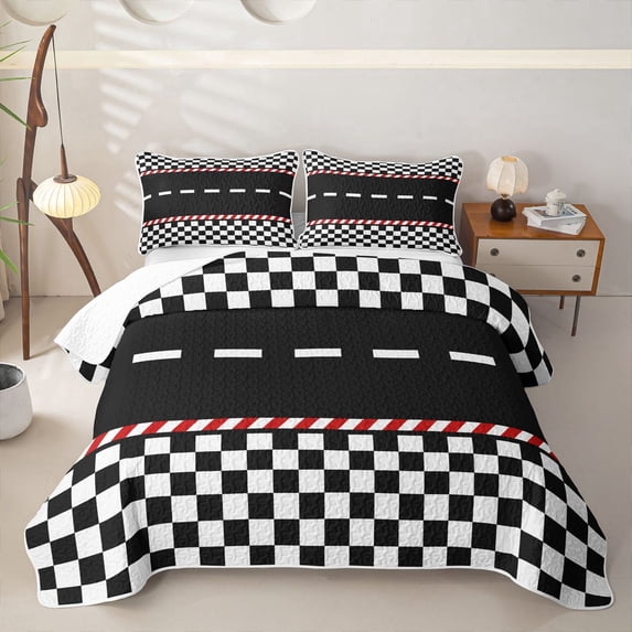 Castle Fairy Race Track Pattern Twin Quilt Set for Boys,Checkered Flag Art Twin Coverlet Set for Bedroom,Black White