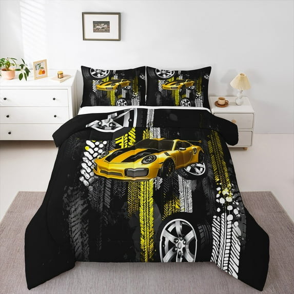 Castle Fairy Racing Car 3-Piece Full Size Comforter Sets,Extreme Sport Bedding Comforter Set,Graffiti Splash Lightweight Bedding Sets,Breathable Abstract Home Decor,Reversible
