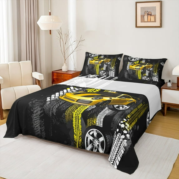 Castle Fairy Racing Car 3pcs Twin Sheet Sets,Extreme Sport Twin Fitted Sheet,Graffiti Splash Breathable Flat Sheet,Breathable Abstract Home Decor