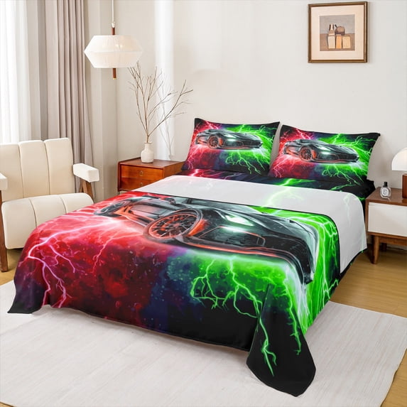 Castle Fairy Racing Car Bed Sheets for Kids Teenagers,Red Green Lightning King Sheets