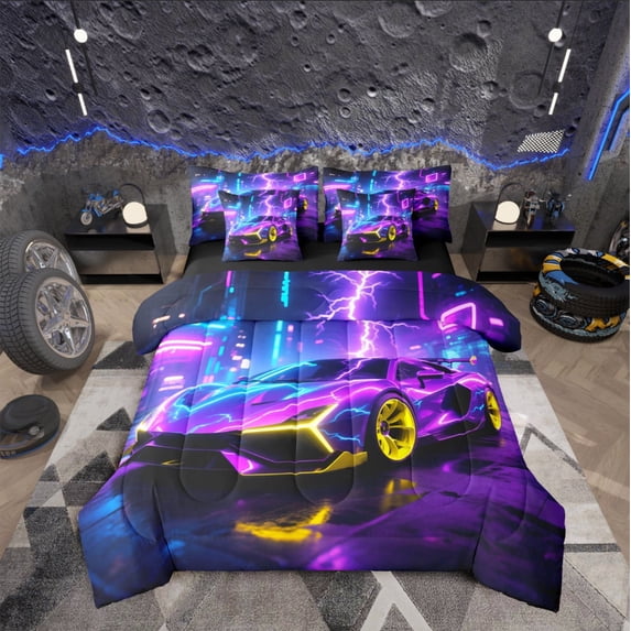 Castle Fairy Racing Car Boy 7-Piece King Bedding Set: Abstract Lightning Extreme Sport Super Cozy