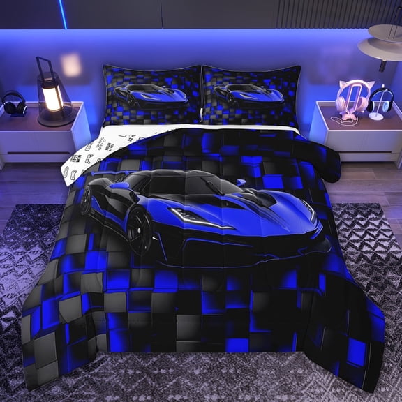 Castle Fairy Racing Car Boy Twin Comforter Sets,Geometric Futuristic Cubes Bedding Set