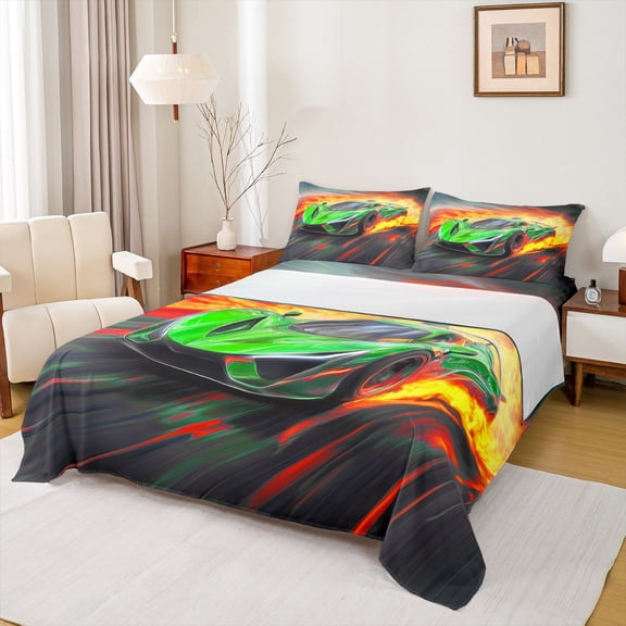 Castle Fairy Racing Car Full Size Sheets for Kids Teenagers,Orange Green Bed Sheets
