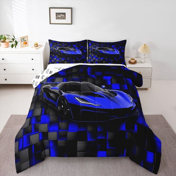 Castle Fairy Racing Car Queen Comforter Set,Futuristic Cubes Bedding Comforter Set