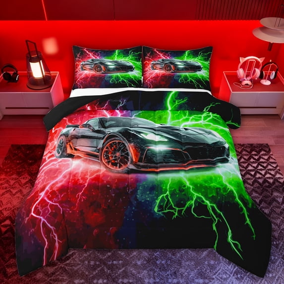 Castle Fairy Racing Car Queen Comforter Set,Red Green Lightning Bedding Comforter Set