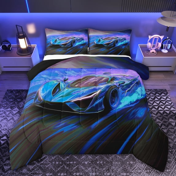 Castle Fairy Racing Car Twin Comforter Sets for Kids Teenagers,Black Blue Bedding Set