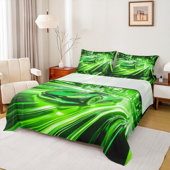 Castle Fairy Racing Car Twin Sheet Sets for Kids Teenagers,Black Green Bedding