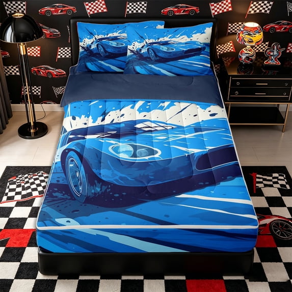 Castle Fairy Racing Style Blue Sports Car Zipper Twin Comforter Sets with Fitted Sheet and 2 Pillowcases for Boys,Dynamic Splash Art Zipper Bedding Set,Vibrant Blue,4-Piece,Navy Blue Reversible