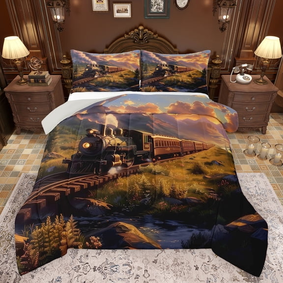 Castle Fairy Railroad Steam Engine Bedding Comforter Set 2pcs for Teens,Transportation Theme Twin Comforter Sets Microfiber,Railway Train Breathable Bedding Set,Super Cozy Room Decor,Reversible
