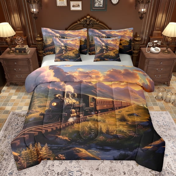 Castle Fairy Railroad Steam Engine Bedding Comforter Set 7-Piece for Teens,Transportation Theme King Bedding Sets,Railway Train Ultra Soft Bed Sheets,Super Cozy Room Decor,Reversible