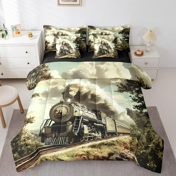 Castle Fairy Railroad Train Bedding Comforter Set,Steam Engine King Bedding Sets