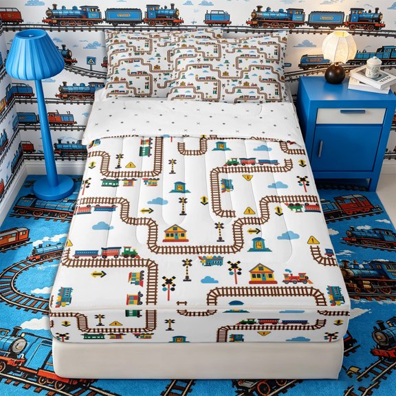 Castle Fairy Railway Map Zipper Twin Comforter Sets with Fitted Sheet and 2 Pillowcases,Town Signal Print Zipper Bedding Set for Bedroom,Brown Yellow Blue,4-Piece,Reversible