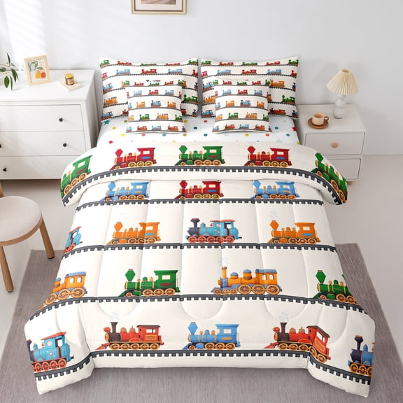 Castle Fairy Railway Train 7-Piece Twin Bedding Sets for Children Boys,Cartoon Car Bedding Comforter Set,Transportation Theme Breathable Sheet Sets,Ultra Soft Home Decor