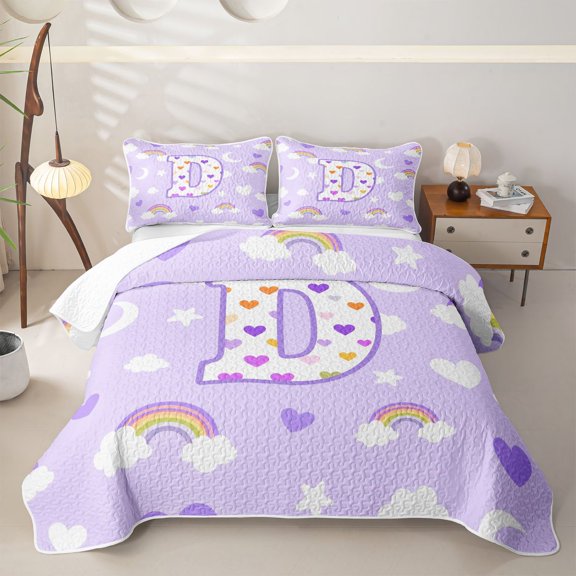 Castle Fairy Rainbow Letter D Twin Quilt Set,Love Heart Print Twin Coverlet Set