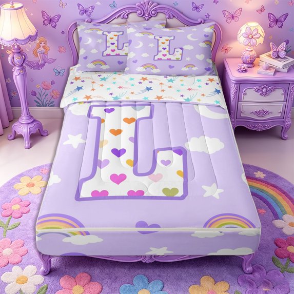 Castle Fairy Rainbow Letter L Zipper Twin Comforter Sets with Fitted Sheet and 2 Pillowcases,Cartoon Initial Zipper Bedding Set,4-Piece,Reversible