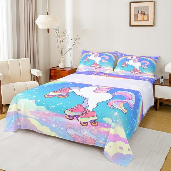 Castle Fairy Rainbow Unicorn 4-Piece Full Size Sheets,Skating Animal Bed Sheets,Starry Sky Lightweight Sheet Sets,Breathable Cartoon Home Decor