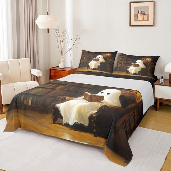 Castle Fairy Reading Ghost 3pcs Twin Sheet Sets,Vintage Library Twin Fitted Sheet,Festival Halloween Breathable Flat Sheet,Lightweight Exotic Room Decor