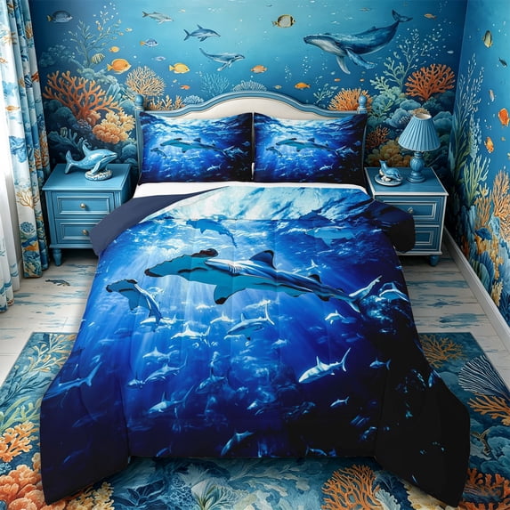 Castle Fairy Realistic Deep Sea Hammerhead Scene Queen Comforter Set 3 Pieces,Sun Ray Blue Underwater Graphic Comforter Sets Queen,Midnight Teal,Navy Blue Reversible,1 Comforter and 2 Pillowcases