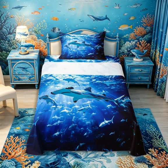 Castle Fairy Realistic Deep Sea Hammerhead Scene Twin Sheets 3pcs,Sun Ray Blue Underwater Graphic Bedding,Midnight Teal,1 Fitted Sheet,1 Flat Sheet and 1 Pillowcase