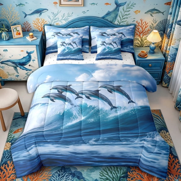 Castle Fairy Realistic Jumping Dolphin Full Size Bedding Sets 7 Pieces,White Foam Ocean Wave Seascape Full Size Bed in a Bag,Deep Blue,Reversible