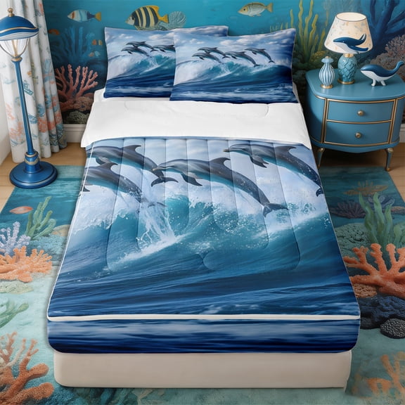 Castle Fairy Realistic Jumping Dolphin Zipper Twin Comforter Sets with Fitted Sheet and 2 Pillowcases,White Foam Ocean Wave Seascape Zipper Bedding Set,Deep Blue,4-Piece