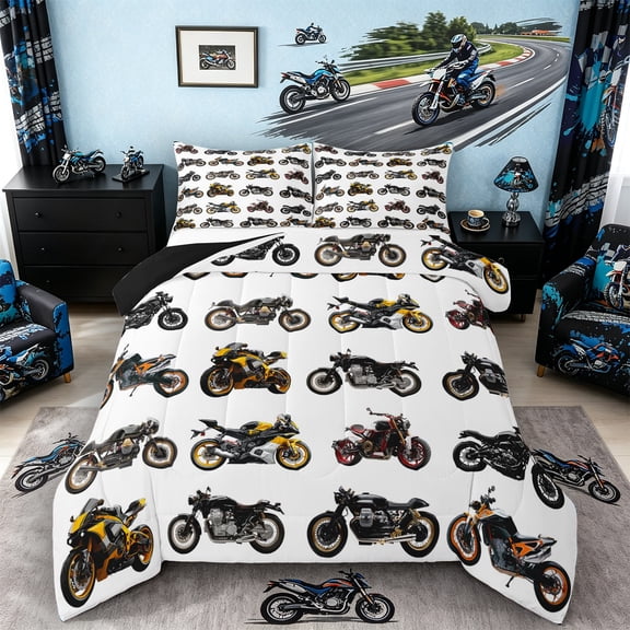 Castle Fairy Realistic Motorcycle Queen Comforter Set 3pcs for Teens, Modern Bike Pattern Bedding Comforter Set for Bedroom, Black Orange,Black Reversible