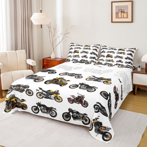 Castle Fairy Realistic Motorcycle Queen Sheet Sets 4 Pieces for Teens, Modern Bike Pattern Bed Set for Bedroom, Black Orange