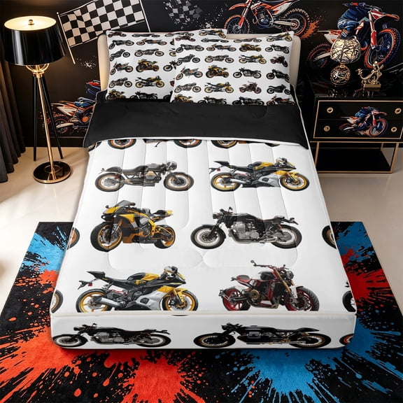 Castle Fairy Realistic Motorcycle Zipper Full Size Comforter Sets with Fitted Sheet and 2 Pillowcases,Modern Bike Pattern Zipper Bedding Set,Black Orange,4pcs,Black Reversible