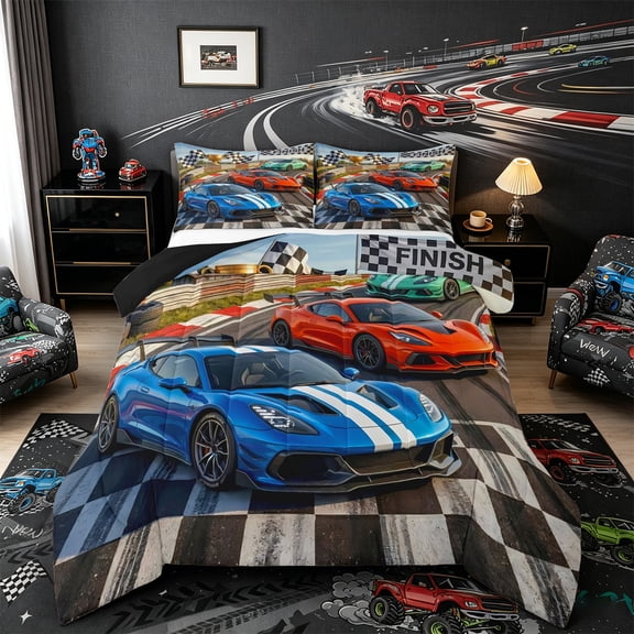 Castle Fairy Realistic Race Car Queen Comforter Set 3pcs for Boys, Finish Trophy Bedding Comforter Set for Bedroom, Blue Orange,Black Reversible