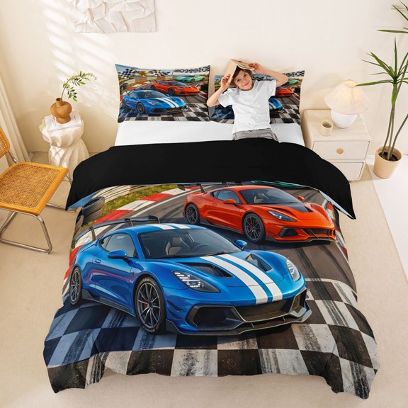 Castle Fairy Realistic Race Car Queen Duvet Cover Set for Boys, Finish Trophy Bedding for Bedroom, Blue Orange,Black Reversible,3-Piece,No Comforter