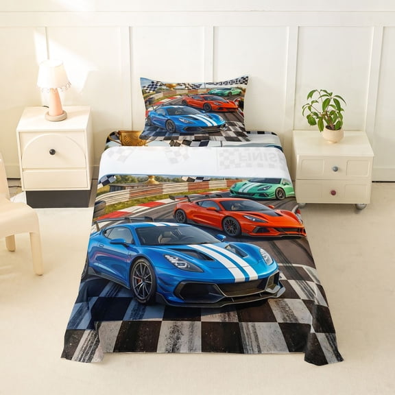 Castle Fairy Realistic Race Car Twin Sheet Sets 3pcs for Boys, Finish Trophy Bedding for Bedroom, Blue Orange