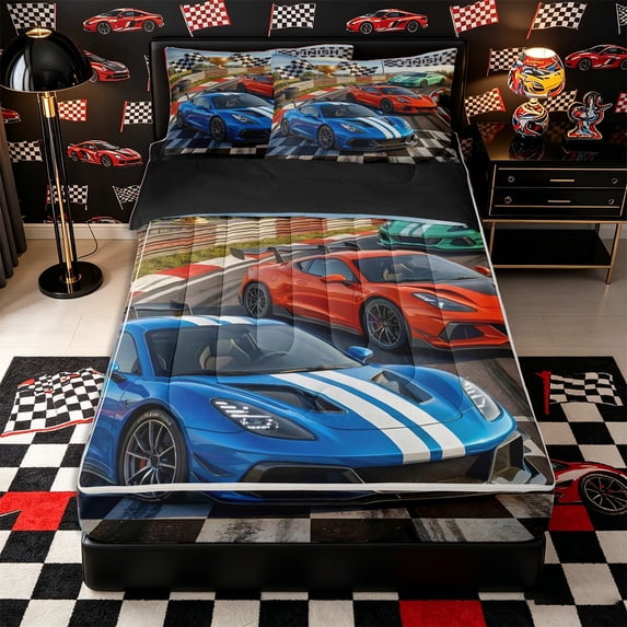 Castle Fairy Realistic Race Car Zipper Full Size Comforter Sets with Fitted Sheet and 2 Pillowcases for Boys,Finish Trophy Zipper Bedding Set for Bedroom,Blue Orange,4pcs,Black Reversible