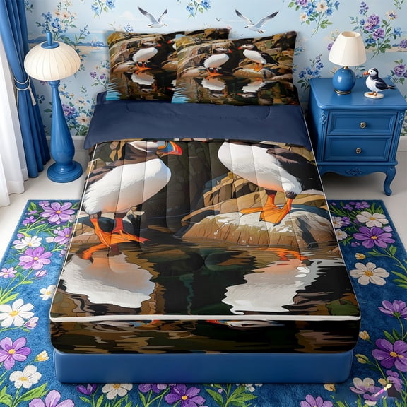 Castle Fairy Realistic Reflected Twin Puffins Zipper Twin Comforter Sets with Fitted Sheet and 2 Pillowcases,Rock Pool Calm Sea Coastal Scene Zipper Bedding Set,Tan Azure,Reversible,4-Piece