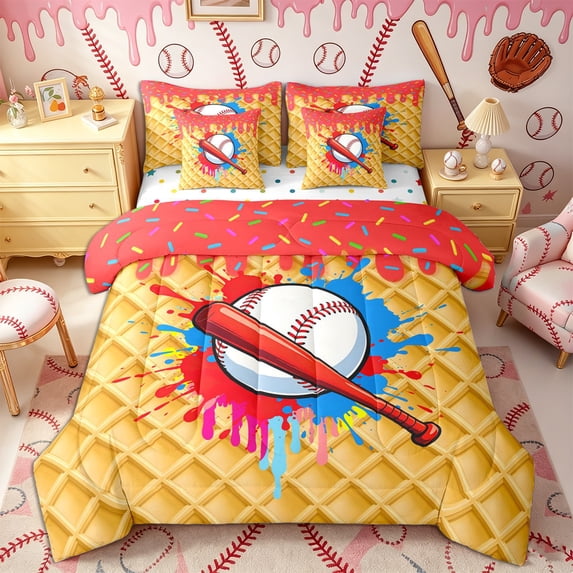 Castle Fairy Red Baseball Bat Print Queen Bedding 7pcs, Ice Cream Drip Bedding Comforter Set Queen, Red Blue Yellow