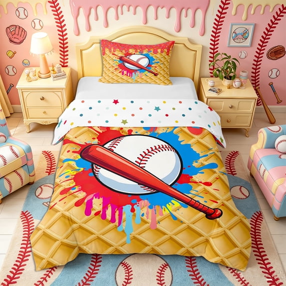 Castle Fairy Red Baseball Bat Print Twin Duvet Cover, Ice Cream Drip Twin Bedding, Red Blue Yellow,2pcs,1 Duvet Cover and 1 Pillowcase